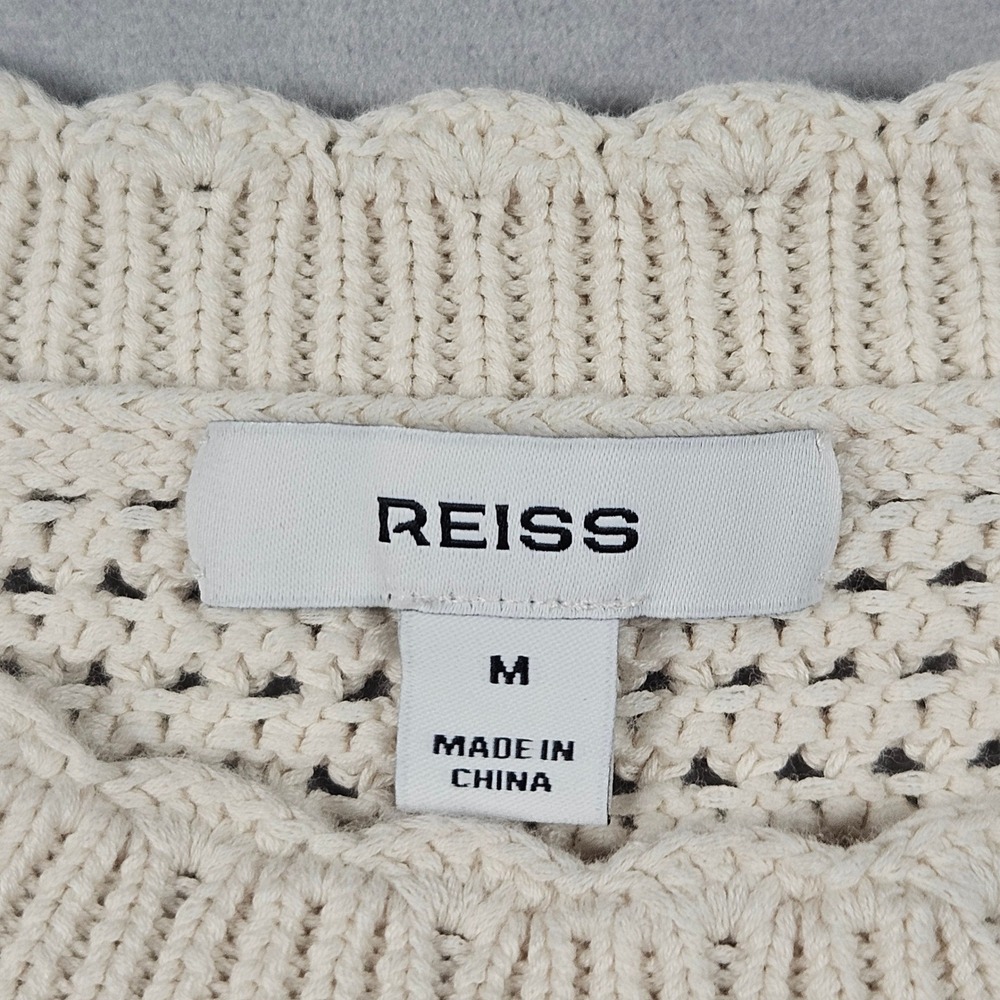 Reiss Bonnie Sweater Womens Medium Cream Open Knit Cotton Ribbed Scallop Neck - Picture 3 of 9